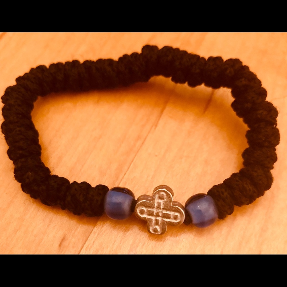 Bracelet Black Silver Cross Blue Beads